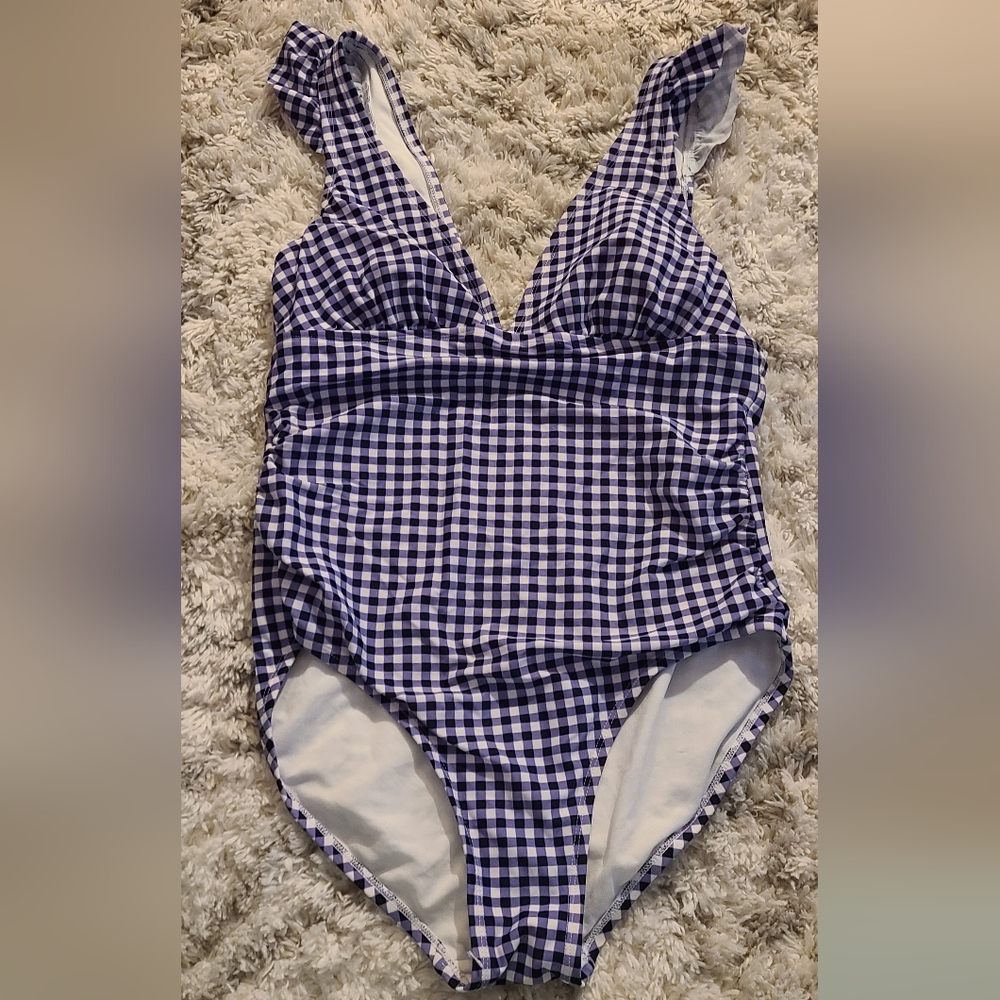 Blue and White Gingham One-Piece Swimsuit